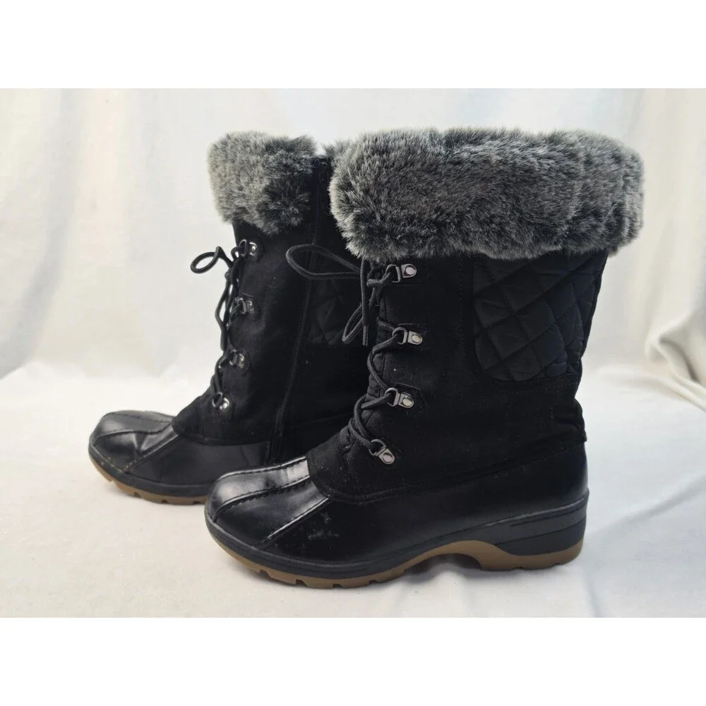 Women's Black Faux Fur Trim Lace-Up Quilted Winter Snow Boots